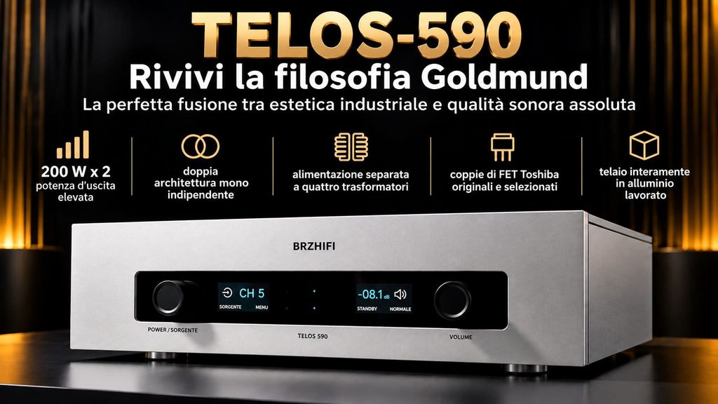 Amplificatore integrato BRZHIFI TELOS-590 in Classe AB, ispirato alla filosofia progettuale Goldmund, con alimentazione a quattro trasformatori.