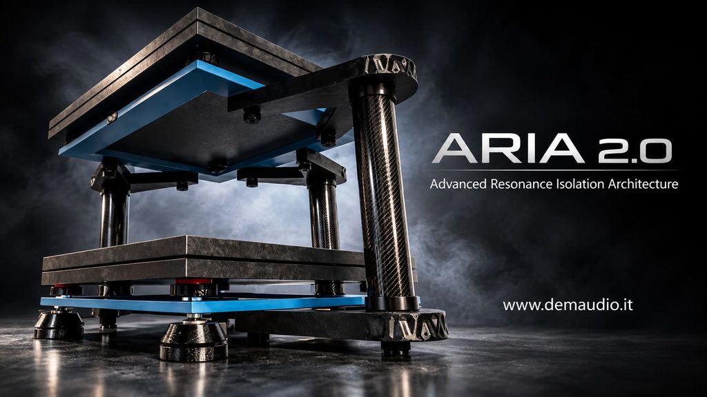 DEM Audio ARIA 2.0, struttura antivibrazione per componenti Hi-Fi con tecnologia Advanced Resonance Isolation Architecture, presentata al Milano Hi-Fidelity 2026.