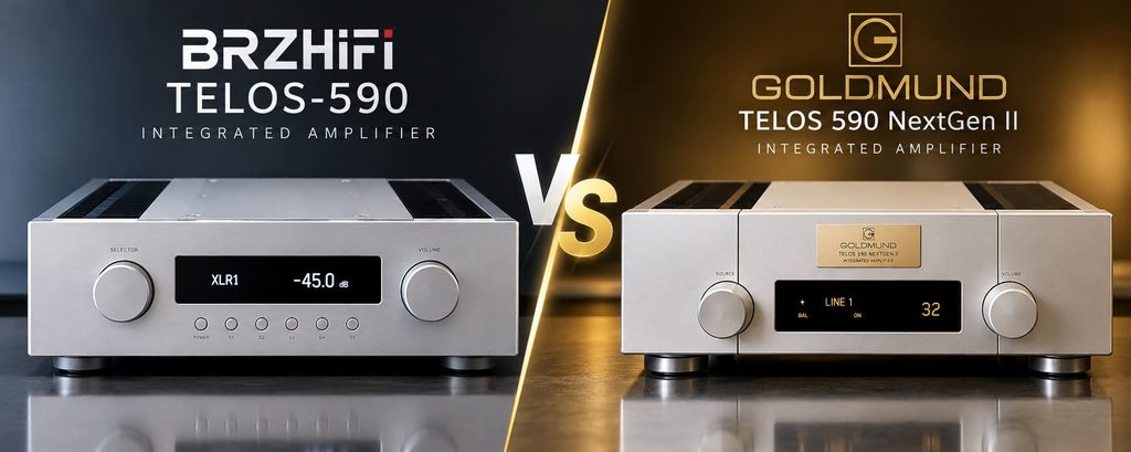 Confronto tra gli amplificatori integrati BRZHIFI TELOS-590 e Goldmund Telos 590 NextGen II, mostrati affiancati.