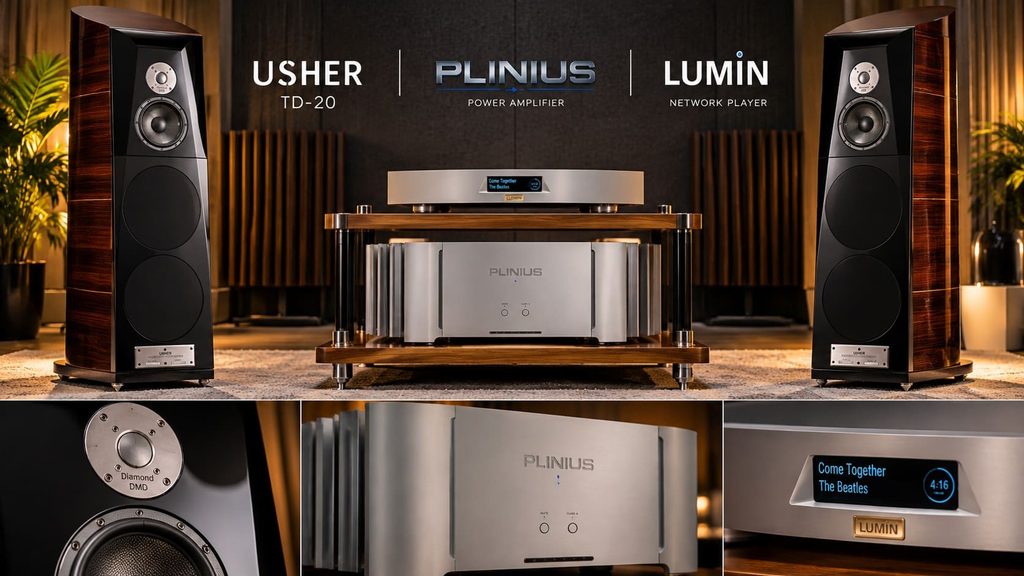 Sistema Hi-Fi con diffusori Usher TD-20, amplificatore Plinius e lettore di rete Lumin, presentato al Gran Galà dell’Alta Fedeltà 2026 di Milano.
