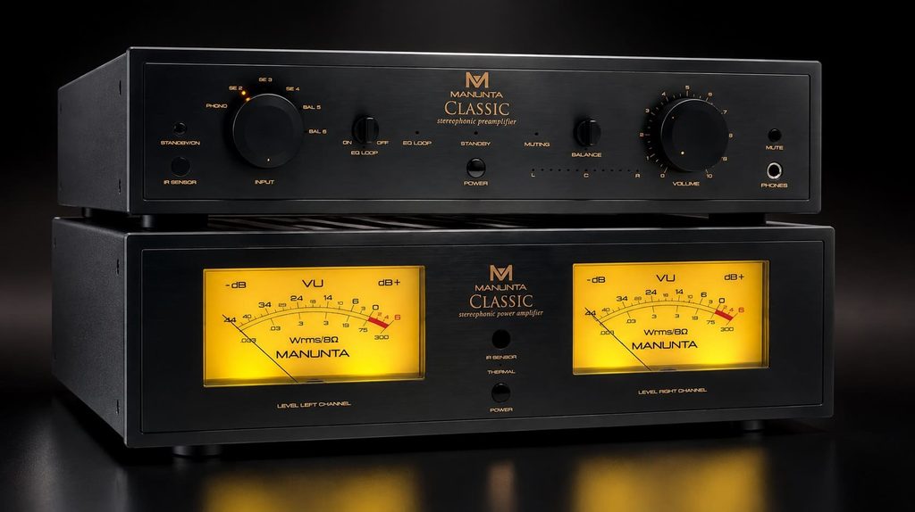 testo alternativo
Manunta Classic Preamplifier e Power Amplifier sovrapposti, con preamplificatore in alto e finale stereo in basso, caratterizzato da due grandi VU-meter analogici illuminati.
