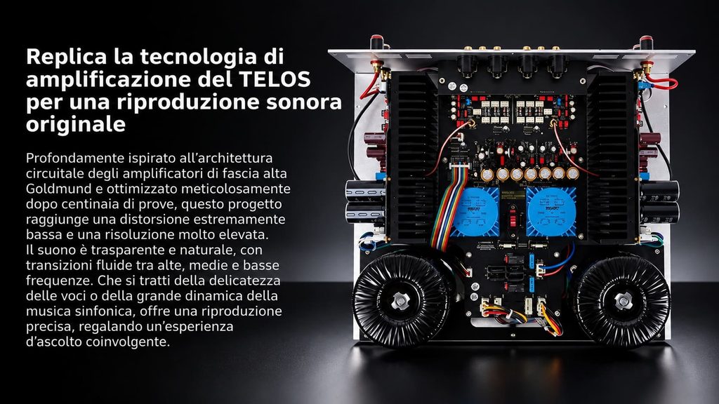 Vista interna dell'amplificatore BRZHIFI TELOS-590 con trasformatori toroidali, condensatori di alimentazione, schede elettroniche e dissipatori di calore.