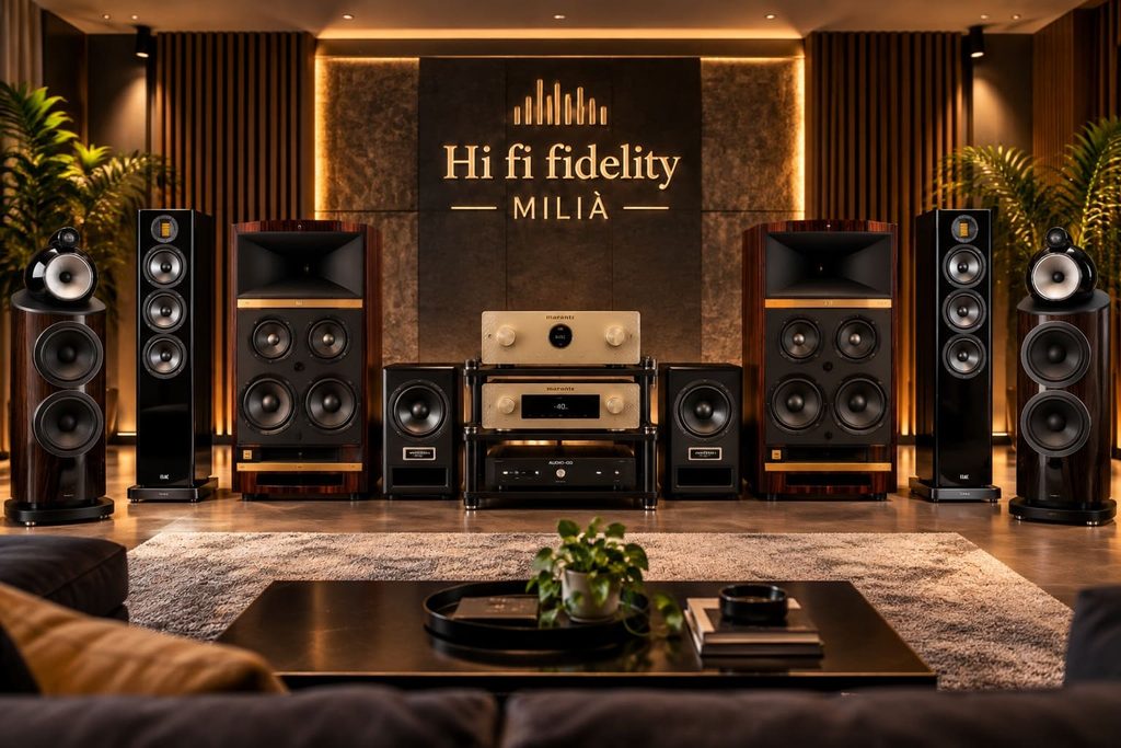Milano Hi-Fidelity 2026: ambiente d'ascolto Hi-Fi con diffusori ELAC, JBL e Bowers & Wilkins, elettroniche Marantz e Audio-GD, presso l'Hotel Meliá di Milano.