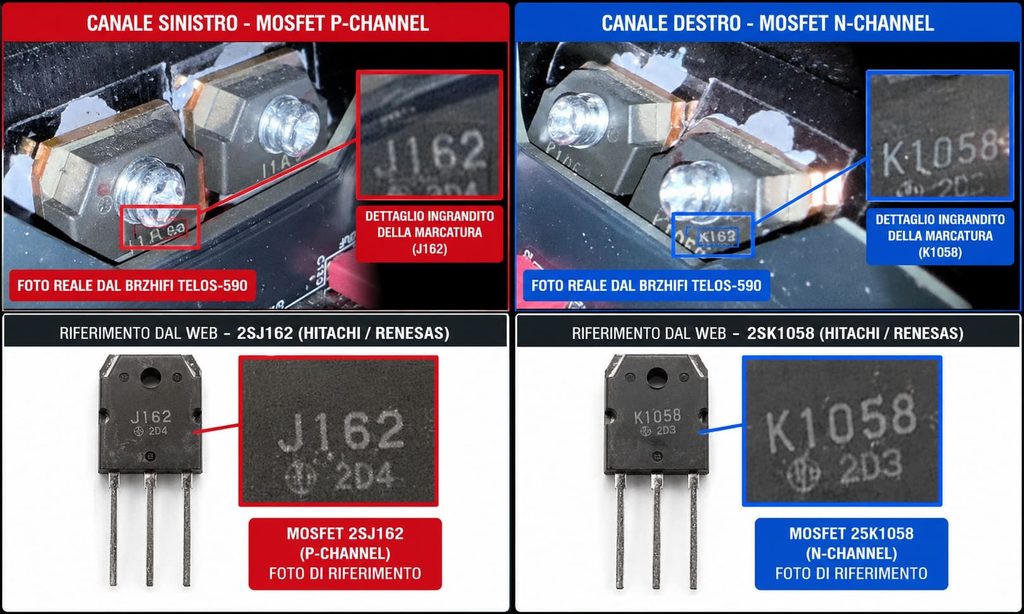 Confronto fotografico tra i transistor finali del BRZHIFI TELOS-590 e i MOSFET laterali Hitachi/Renesas 2SJ162 e 2SK1058, con dettagli delle marcature.