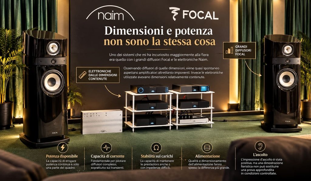 Sistema Hi-Fi Focal e Naim al Gran Galà dell’Alta Fedeltà 2026 di Milano: grandi diffusori da pavimento e amplificatori compatti, a confronto tra dimensioni e capacità di pilotaggio.